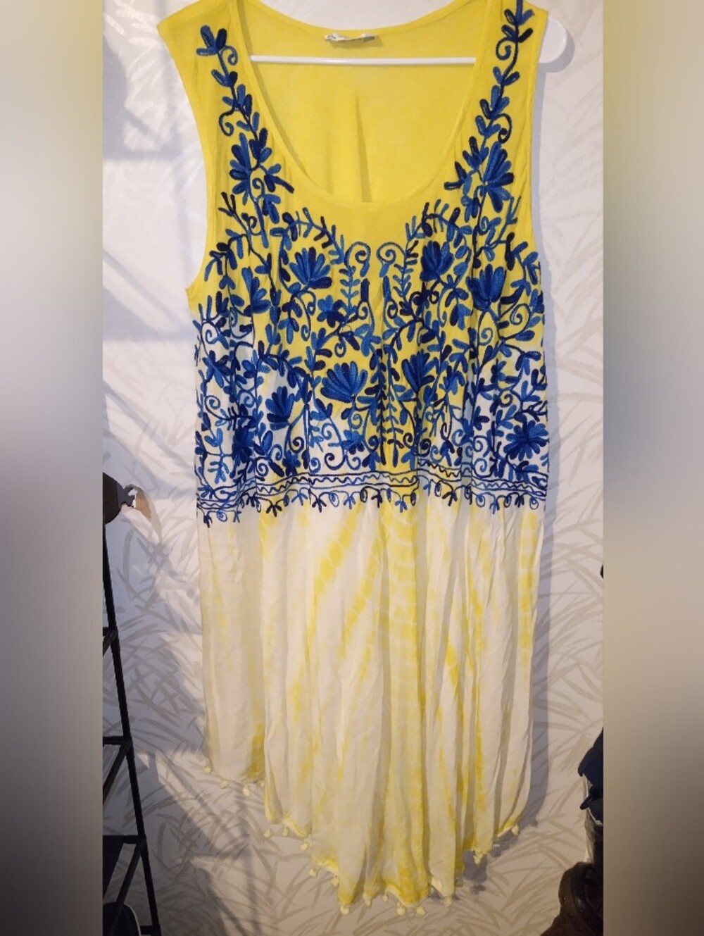 Lapogee Vibrant Yellow & Blue Embroidered Sleeveless Rayon Dress With Tassel Hem